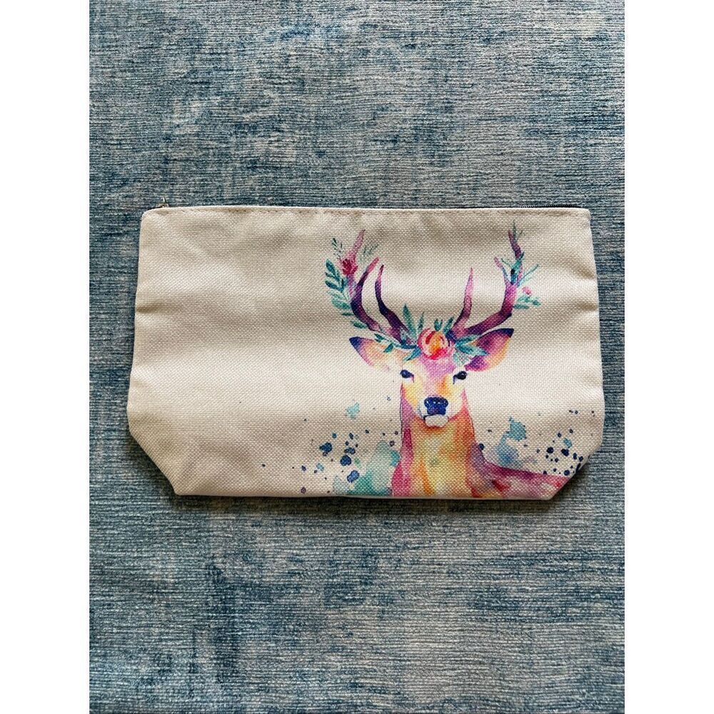Watercolor Flower Buck Deer Cotton Canvas Small Makeup Bag Travel Toiletry Pouch